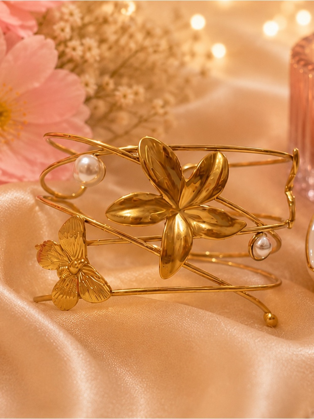 Gold Flower Pearl Cuff Bracelet ✨ Adjustable Women’s Bracelet
